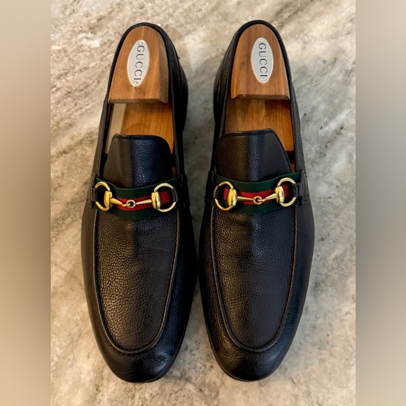 GUCCI JORDAANBlack Leather Web Horsebit Loafers US 8.5 Gucci 8 Brixton $1050